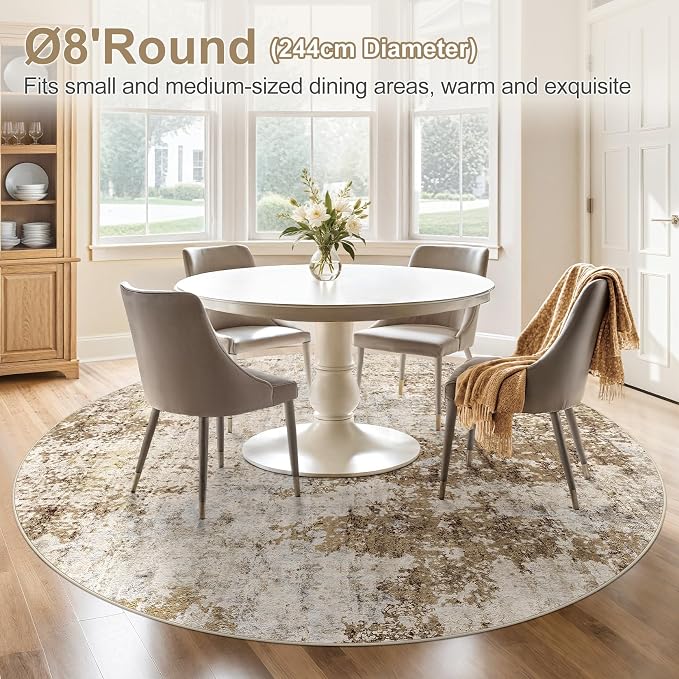DMOYEST 8ft Round Area Rug for Living Room Washable Non Slip Circle Rug | 8x8 Neutral Modern Abstract Low Pile Rugs Kid & Pet Friendly Soft Carpet for Bedroom Dining Room - Light Brown