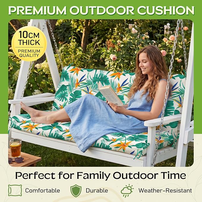 Outdoor Swing Cushion with Backrest, Tie Straps & Memory Foam - Replacement for Porch Bench 2/3 Seater, Oxford Fabric (Monstera Green, 60 INCH × 40 INCH)