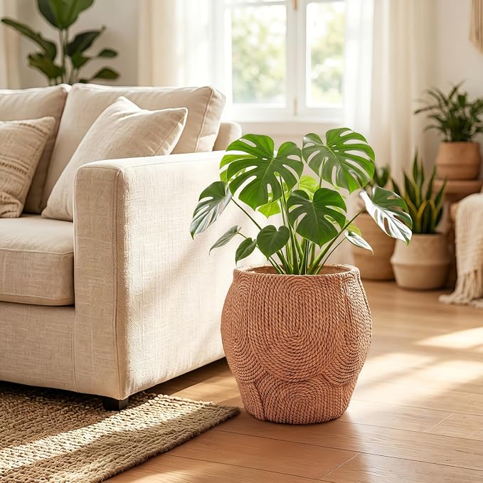 10.6" H x 11" Dia Fiberstone Planter Pot with Drainage Hole, Decorative Flower Pot for Indoor Outdoor Plants, Handcrafted Rope Texture Planter for Patio, Porch, Garden, Home Decor & Artificial Plants