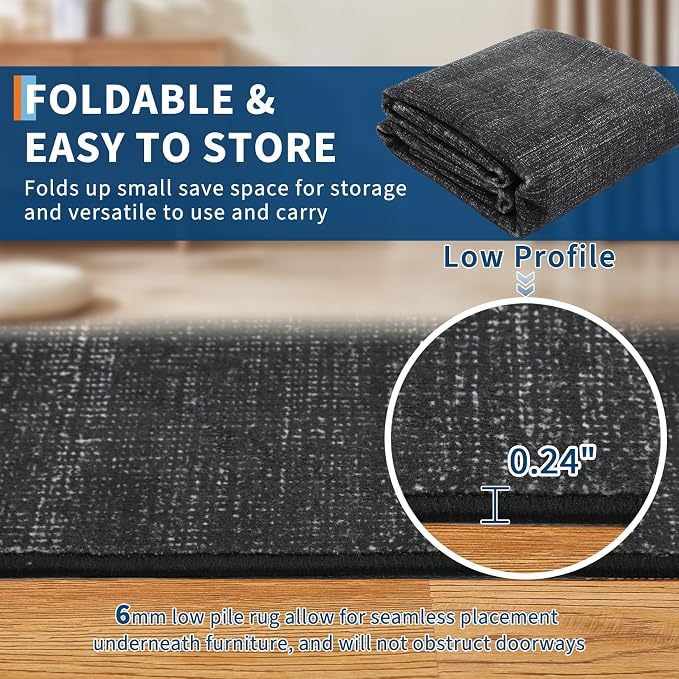 Garvee Washable Runner Rug for Hallway 2x6 Black Solid Color Bathroom Rug | Non Slip Non Shedding Modern Neutral Stain Resistant Low Pile Contemporary Accent Rugs for Entryway Bedroom Kitchen