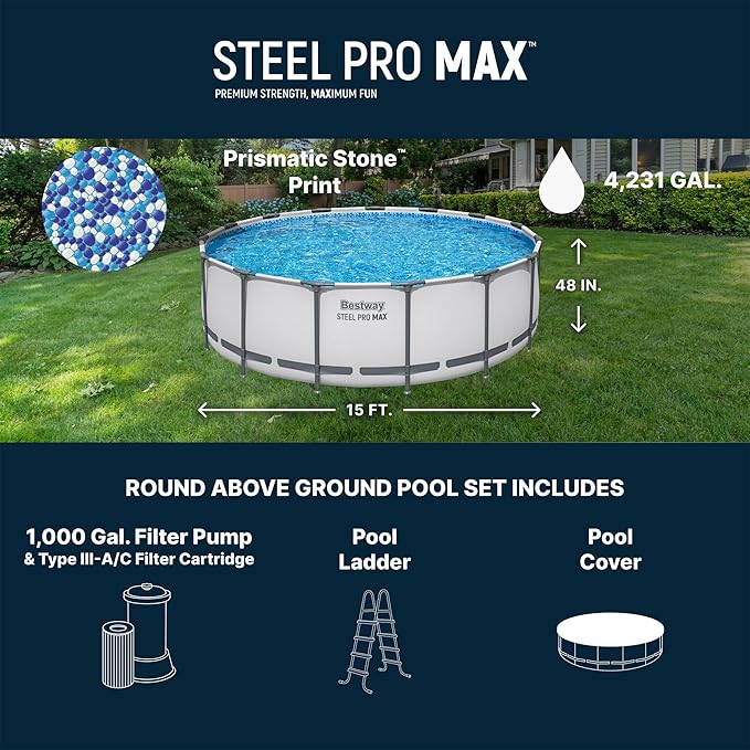 Bestway Steel Pro MAX 15' x 48" Above Ground Swimming Pool Set with Pump | Durable Round Metal Frame Outdoor Backyard Pool, Puncture-Resistant Liner - Ladder and Cover Included, Gray