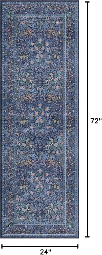 Non Slip 2x6 Dark Blue Kitchen Runner Rug - Long Runner Rugs 24 x 72 Washable Hallway Floor Mat, Bedroom Laundry Room Bathroom Runner - Dusky Navy Vintage Floral Design Décor