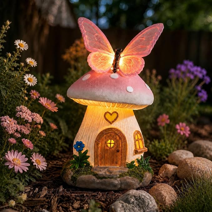 GIGALUMI Fairy Garden Houses Mushroom 9.3",Garden Statues,Fairy Houses for Outside, Butterfly House, Mushroom Decor for Yard, Patio and Birthday Gifts for Mom Women（Pink）
