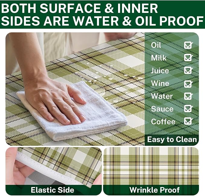 Picnic Table Cover with Bench Covers Elastic Edges, Green Plaid Fitted Table Cover, Outdoor Patio Camping Essentials 72 Inch 3PCS, Waterproof Camping Fitted Tablecloth with Drawstring Bag