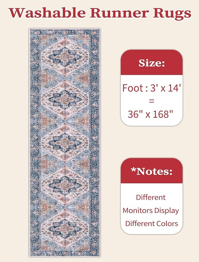 SERISSA 3x14 Washable Non Slip Boho Runner Rug for Hallway，Blue Orange | Ultra Soft Vintage Oriental Carpet Low-Pile Tribal Floor Carpet for Stair Kitchen Bedroom Bathroom Laundry Room