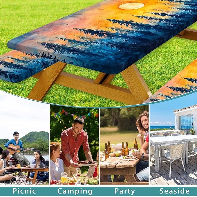 Picnic Table Cover with Bench Covers and Bag, Forest Sunset Camping Essentials Waterproof Windproof, Fitted Tablecloth Cover with Elastic Edge, for Indoor & Outdoor, Camping, 3 Pieces Set, 30x72 IN