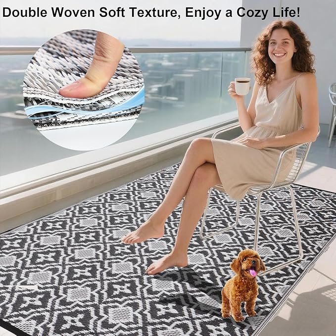 Alfolo Outdoor Rug Waterproof 4x6 Outdoor Mat Small Porch Balcony Rug,Reversible Plastic Straw Rug for Camping Black and White Outdoor Mats for Patio, Deck, RV, Camping, Beach, Backyard