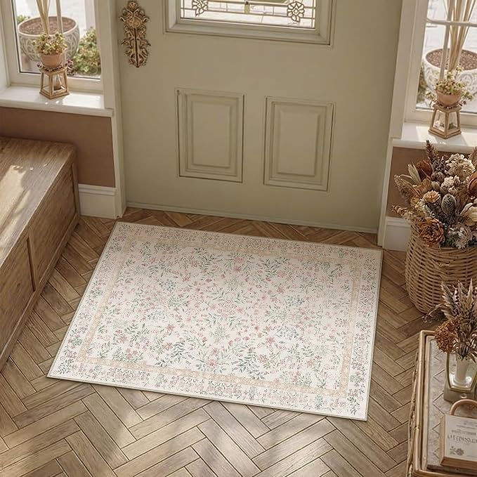2x3 Pink Floral Small Entryway Rug Vintage Farmhouse Style | Washable, Non Slip, Soft Low Pile, Door Mat for Indoor Entrance, Kitchen, Bathroom, Botanical Decor