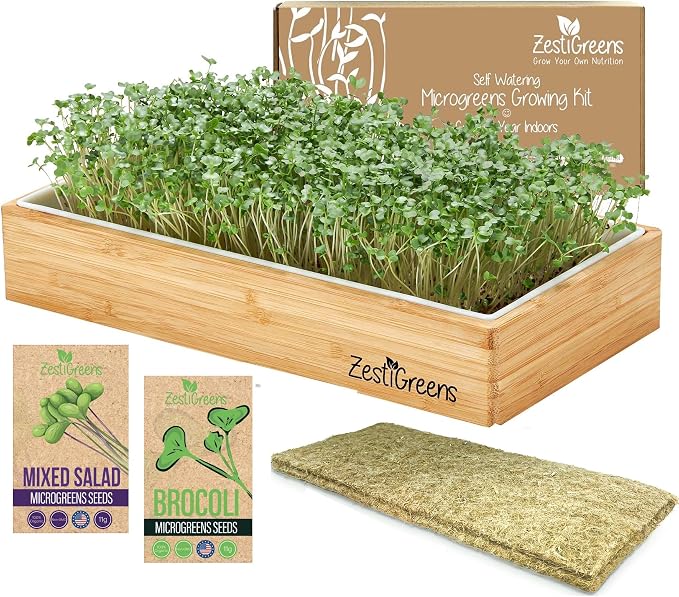 Organic Self-Watering Microgreens Growing Kit – Reusable Indoor Grow Tray with Organic Seeds, Grow Mats & Bamboo Frame – Easy No-Soil Microgreens Starter Kit (Broccoli & Salad Mix)