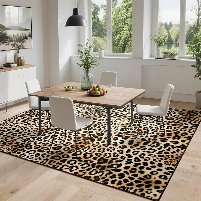 DweIke Leopard Print Rug for Living Room, Machine Washable 8x10 Cheetah Area Rugs for Bedroom, Non-Slip Low Pile Animal Hide Carpet with Rubber Backing for Dining Room Kitchen Home Decor,White Brown