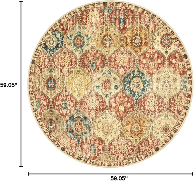 Lahome Moroccan Washable Round Area Rug, Round Rug 5ft Soft Non-Slip | Trellis Non-Shedding Distressed Circle Carpet for Bedroom Living Room Bathroom Nursery Kitchen Elise, Red Orange