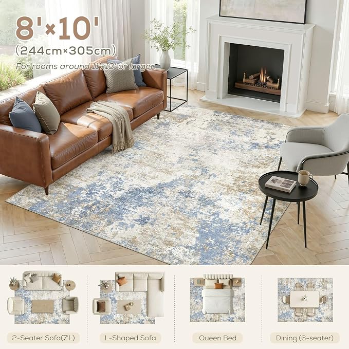 Nakagishi 8X10 Abstract Washable Area Rugs for Living Room-Blue Brown | Modern Non-Slip Silicone Backing Low Pile Soft Carpet for Bedroom Dining Decor for Families with Kids and Pets