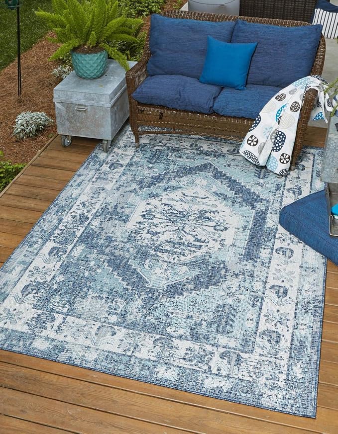 Unique Loom Outdoor Traditional Collection Area Rug - Valeria (9' x 12' 2" Rectangle, Blue/ Ivory)