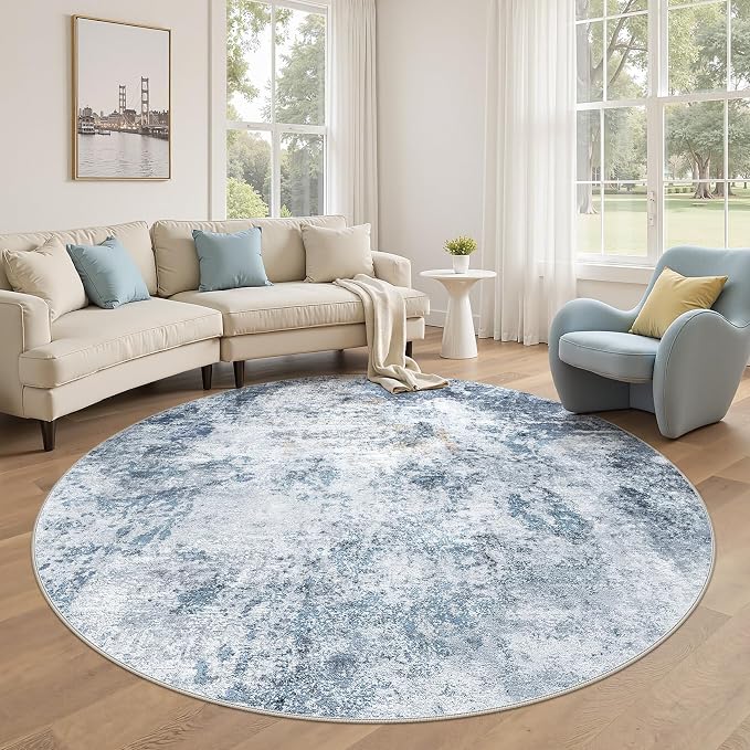 DMOYEST 6ft Round Area Rug for Living Room Washable Non Slip Circle Rug | 6x6 Neutral Modern Abstract Low Pile Rugs Kid & Pet Friendly Soft Carpet for Bedroom and Dining Room - Blue
