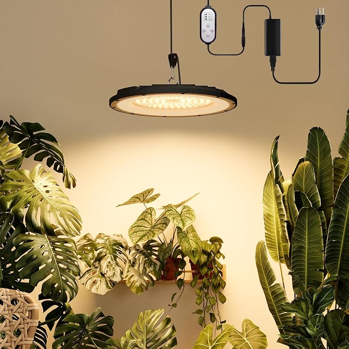 Bamworld Hanging Grow Light for Indoor Plants 12in Large Head Full Spectrum 10 Dimmable Levels LED Grow Light Height Adjustable Long Cord Timer Ideal for Greenhouse Garden Large Tall Plants Black