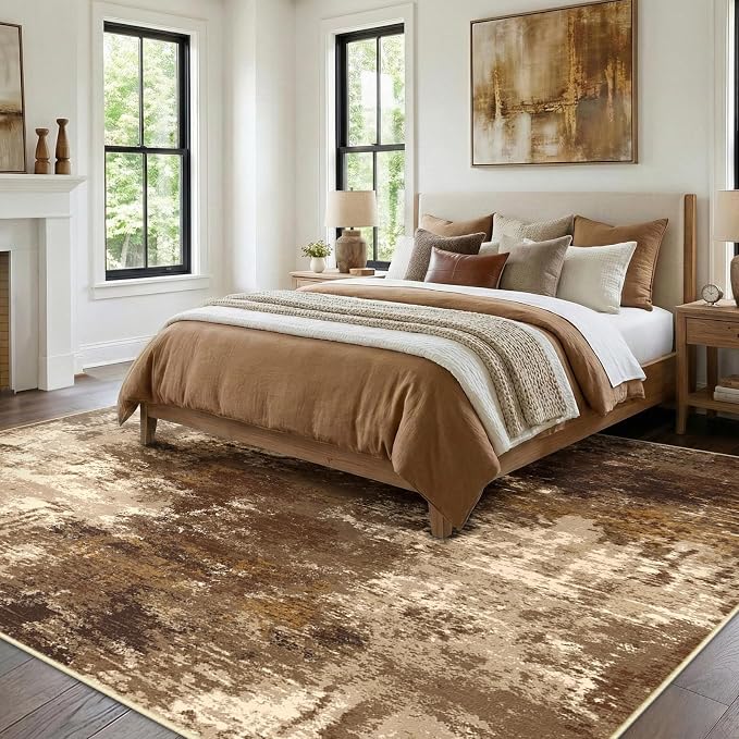 RELEANY Washable 8'x10' Abstract Area Rug for Living Room Brown Tan | Carpet for Bedroom, Kitchen, Office, Hallway and Entryway, Printed Pattern, Non‑Slip, Soft, Stain‑Resistant, Easy to Clean