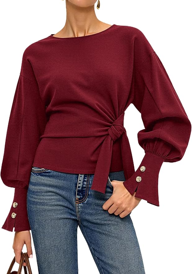 Dsewpaur Twist Knot Tie Front Sweatshirt Tops For Women Long Balloon Sleeve Crew Neck Pullover Casual Fall Outfits