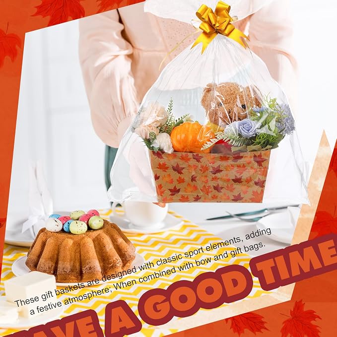 Qinyoung 12 Pcs Fall Basket for Gifts Empty 9.8 x 6.5'' Maple Leaves Gift Basket Empty to Fill with Handles, Bows, Plastic Bags and Twist Ties for Autumn Thanksgiving Party Favor Supplies
