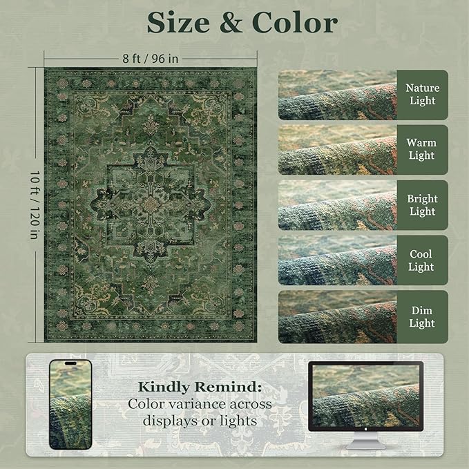 Tranditional Dark Green 8x10 Rugs for Living Room Bedroom, Washable Non Slip Low Pile Thin Dining Room Rugs for Under Table, Distressed Medallion Pattern Printed Soft Carpet for Guest Room