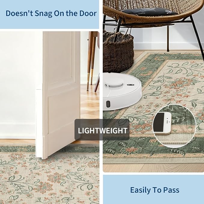 GarveeHome 8x10 Sage Green Washable Area Rug Living Room Bedroom Non Slip | Botanical Floral Print Rug Soft Floor Mat Carpet Indoor Thin Cottage core Rug for Dining Room Playroom Nursery Room