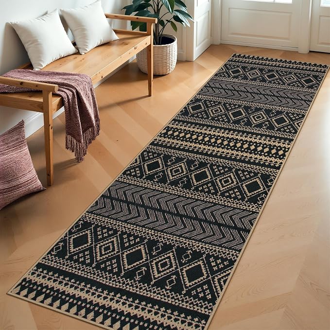 Lahome Boho Kitchen Runner Rug, 2x8 Easy Jute Laundry Room Rug | Black Distressed Print Geometric Stain Resistant Indoor Outdoor Runner for Hallway
