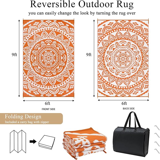 Bsmathom Waterproof Outdoor Rug 6'x9' Reversible Boho Plastic Straw Patio Deck Camping Rugs, Indoor Outdoor Portable RV Mat Clearance Carpet for Outside, Porch, Balcony, Backyard, Beach, Pool,Orange
