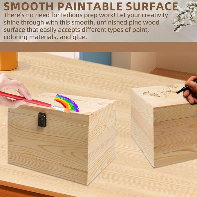10x7x7-Inch Unfinished Wooden Box with Hinged Lid & Front Clasp for DIY Art Project Crafts Woodcraft Keepsake - Easy to Stain Paint Wood Burning