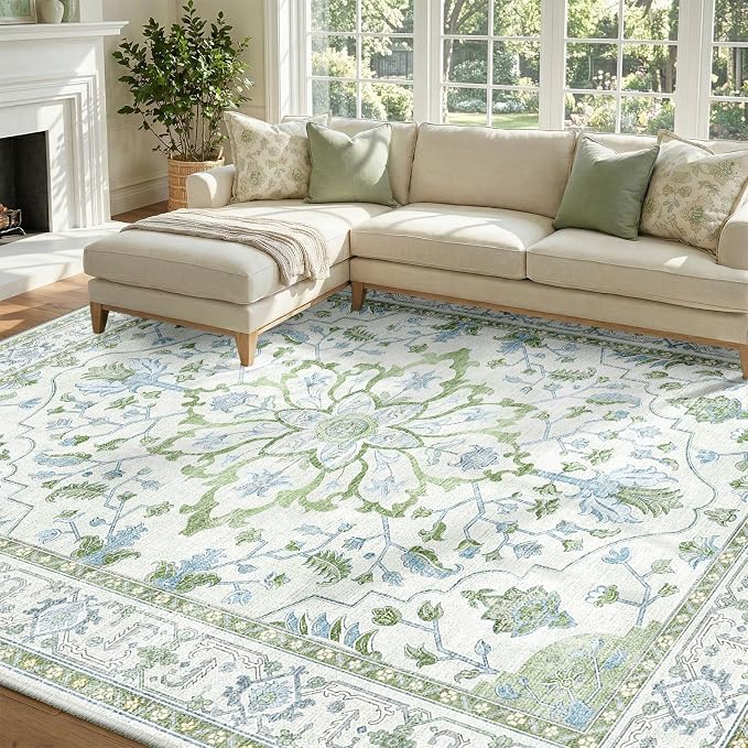 RELEANY Washable Area Rug, 8'x10', Green/White/Blue | Non-Slip, Water Repellent, Pet Friendly, Easy to Clean, Vintage Floral Boho Decor for Living Room Bedroom Dining Room