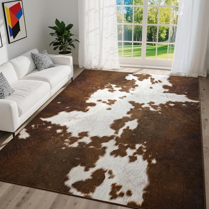 DweIke Cow Print Rugs for Living Room, 4x6 Soft Faux Animal Cowhide Area Rug, Washable Non-Slip Stain Resistant Throw Carpet for Dining Room Office Western Home Decor, Light Brown