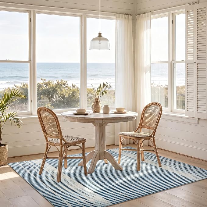 Washable 5x7 Modern Striped Area Rug, Abstract Living Room Rug | Beige Blue, Soft Low Pile, Skin Friendly, Non-Slip for High Traffic, Bedroom Vintage Coastal Nautical Style Home Decor