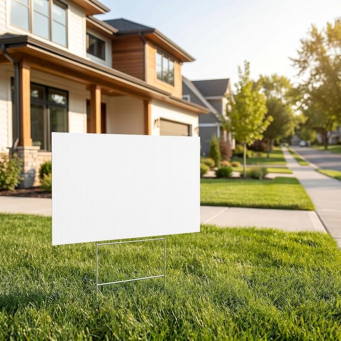 10 Pack Large Blank Yard Signs with Stakes 24x36 Inch, 4mm Thick Corrugated Plastic Lawn Sign Kit, White Poster Board with 10 Metal H-Stakes for Real Estate, Garage Sale, Birthday, Campaign