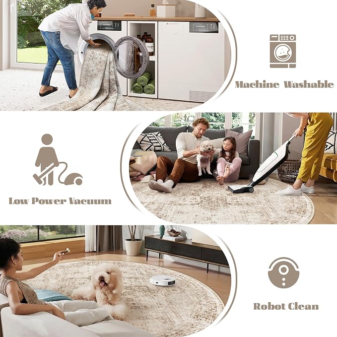 Round Rugs 6ft Washable Rug, Vintage Boho Medallion Rugs Non-Slip Soft Low Pile Circle Distressed Rug Indoor Retro Carpet for Living Room Bedroom Dining Room Home Office (Brown, 6' Round)