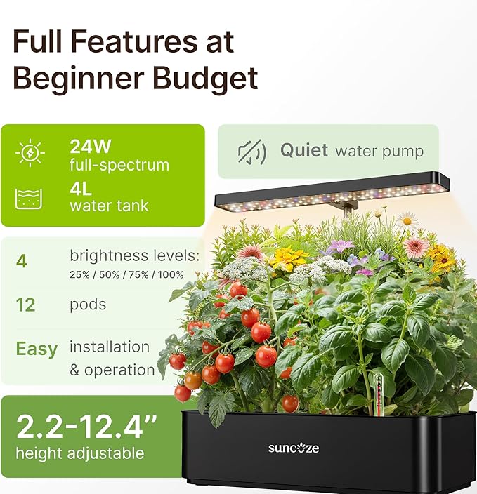 SUNCOZE Hydroponics Growing System, Compact 12 Pods Indoor Garden, Black | 24W LED Dimmable Grow Light, 4L Water Tank with Quiet Pump, Adjustable Height Herb Garden Planter Indoor Kit, Gardening Gifts