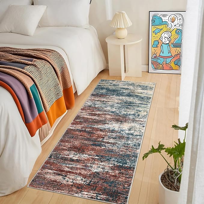 ROYHOME Washable Runner Rug 2x6 Modern Abstract Kitchen Rugs, Red Multi | Non Slip Bathroom Rug, Low Pile Laundry Room Soft Long Carpet for Hallway Bedroom Entryway