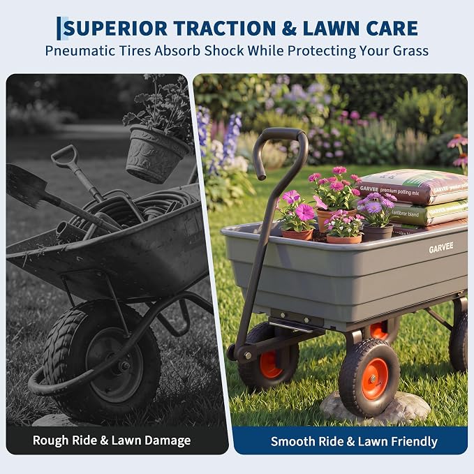 Garvee Poly Garden Dump Cart, Heavy Duty 600lbs Wheelbarrow Yard Cart Dump Wagon with 10”All Terrain Wheels, Garden Utility Wagon with Quick Release System& Convertible Handle Attach to ATV (Gray) | Heavy Duty,10”All Terrain Wheels, Garden Utility Wago...