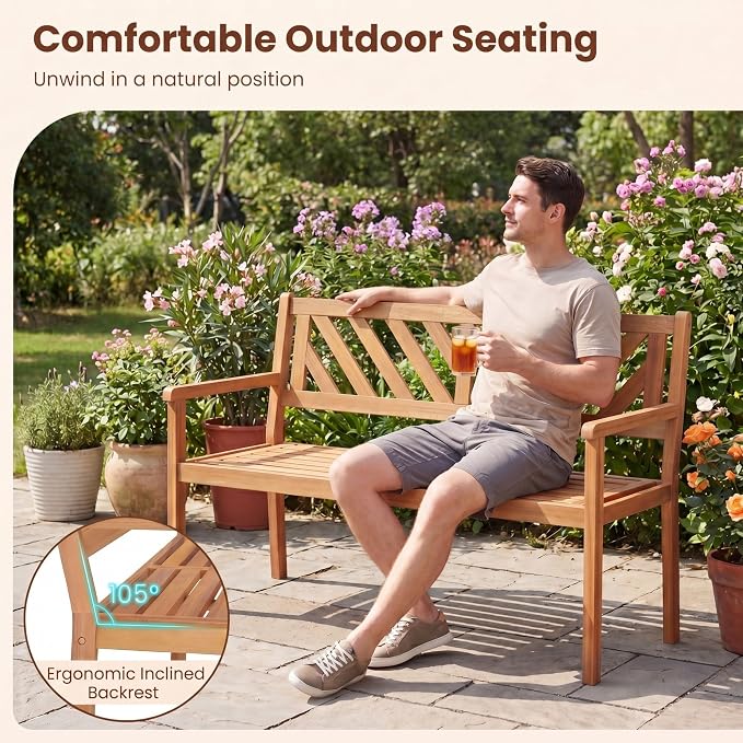 Giantex 2-Person Outdoor Bench, 47" Patio Acacia Wood Loveseat with Slatted Seat, Armrests & V-Shaped Backrest, Wooden Garden Seating for Backyard, Porch, Deck, Poolside