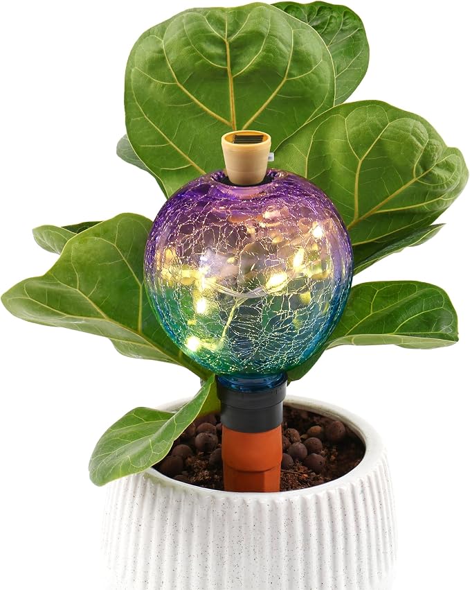 VOREEN Crackle Glass Plant Watering Globe with Terracotta Spike,Self-Watering Irrigation for Potted Plants, with Solar Accent Light for Indoor & Outdoor Décor, 17oz, Purple–Blue Gradient