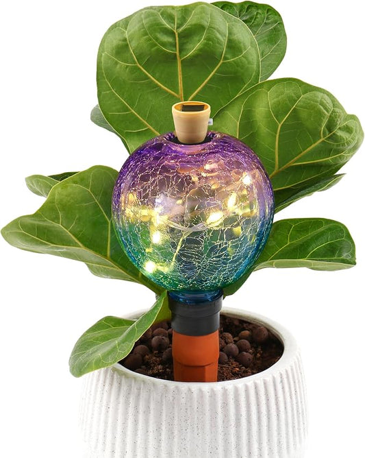 VOREEN Crackle Glass Plant Watering Globe with Terracotta Spike,Self-Watering Irrigation for Potted Plants, with Solar Accent Light for Indoor & Outdoor Décor, 17oz, Purple–Blue Gradient