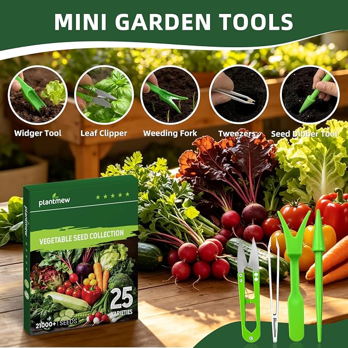 25 Vegetable Seeds Variety Pack, 21,000+ Garden Seed Vault Kit with Planting Tools, Easy to Grow for Hydroponic, Indoor & Outdoor Year-Round Home Gardening