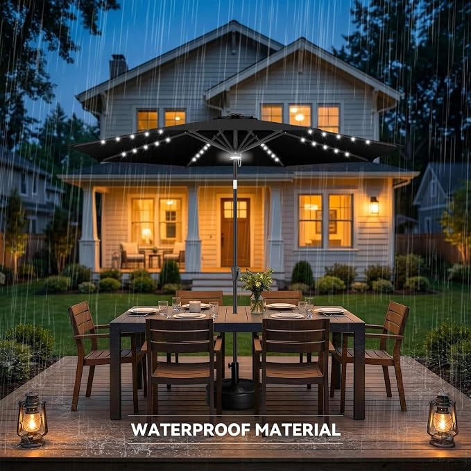 10FT Solar Umbrella Outdoor - Lighted Solar Patio Umbrella with 40 LED Lights Waterproof UV Protection, Table Umbrella with Tilt for Pool, Porch, Garden, Deck, Backyard (Black)