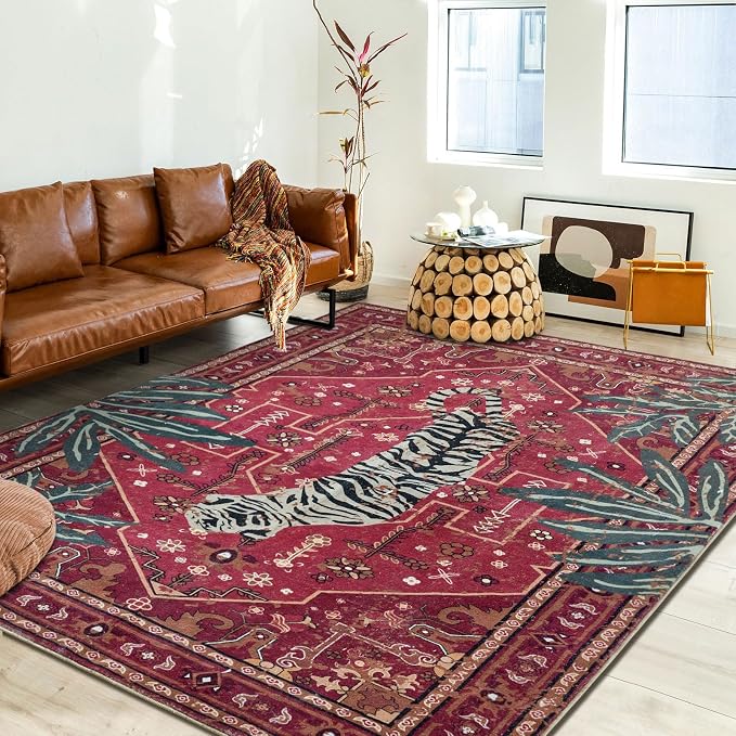 Tribal Rugs Washable Summer Tropical 3x5 Throw Carpet Wine Red Traditional Boho Vintage Oriental Rug for Bedroom Kitchen Living Room Indoor Entryway