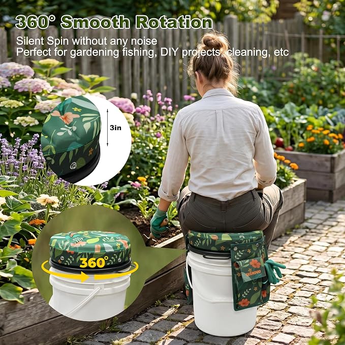 5 Gallon Swivel Bucket Seat Lid with Tool Organizer Bag, 360° Silent Rotating Padded Cushion (3" Thick), Waterproof Bucket Cover Stool for Gardening, Fishing, Hunting, Car Wash