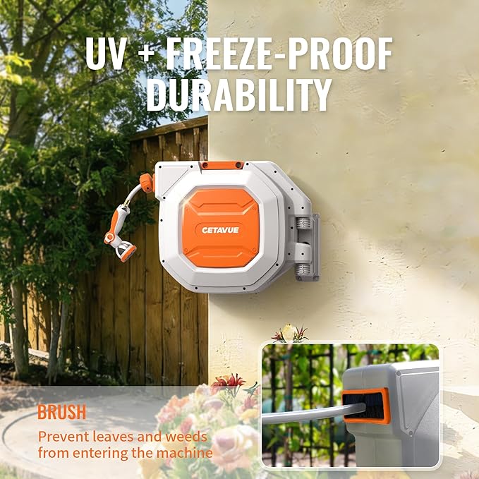 Retractable Garden Hose Reel 5/8 inch x 100 ft,Wall Mounted Heavy Duty Garden Hose Reel with 180°Swivel Bracket,Upgraded 10 Pattern Nozzle/Slow Return System(White)