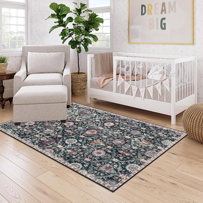 Lahome Moroccan Washable Rugs for Living Room, 4x6 Rug for Bedroom Non-Slip | Non-Slip Vintage Trellis Ultra-Thin Throw Carpet for Dining Room Office Nursery Elise, Black/Multi