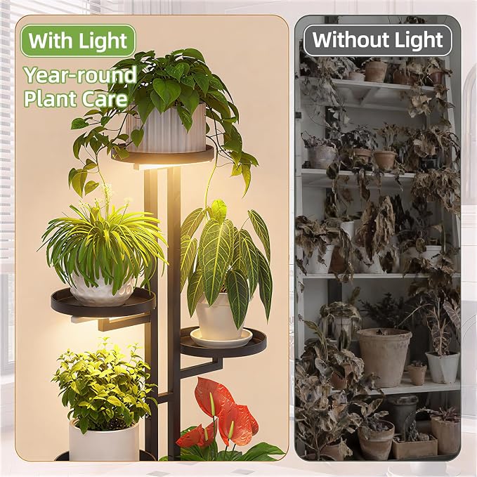 iDavosic.ly 4 Tier Plant Stand Indoor with Grow Light, Tiered Corner Multiple Flower Pot Holder Shelf, Metal Tall Display Rack for Patio Porch Living Room Bedroom, Black