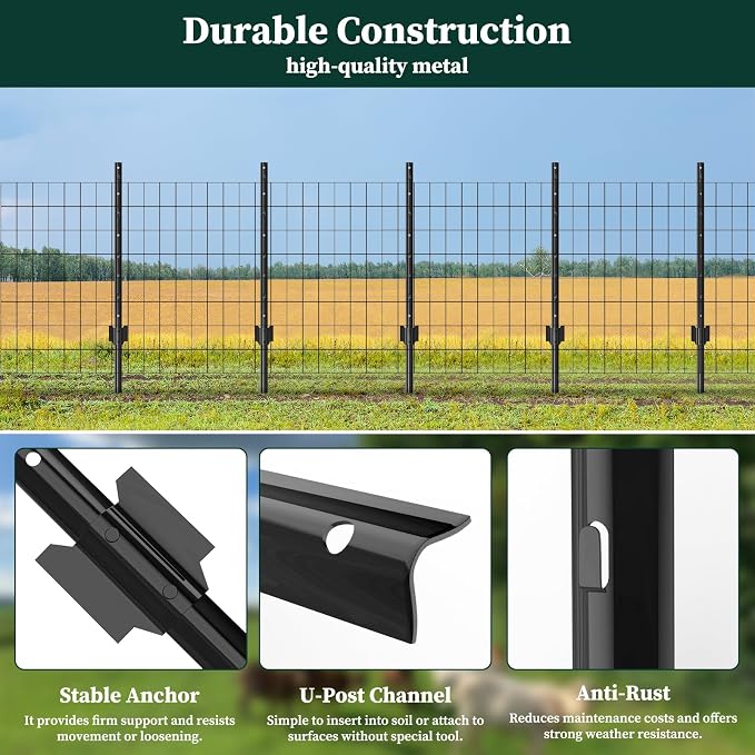 10 Pack Metal Garden Fence Posts 3 FT Black – Heavy Duty U-Post for Wire Fencing, No-Dig Fence Stakes for Temporary Fencing, Corner Anchor Posts, Rustproof Powder-Coated Steel for Farm, Yard & Garden
