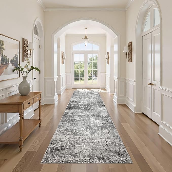 DMOYEST 3x10 Washable Runner Rug for Hallway Abstract Soft Carpet Runner | Neutral Modern Low Pile Area Rug Kid & Pet Friendly Non-Slip Carpet for Entryway Kitchen Dining Room - Grey