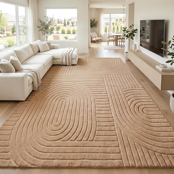 Brown Solid Area Rug 9x12 Large Washable Soft Rugs for Living Room | Modern Geometric Boho High-Low Pile Textured Fluffy Non Slip Carpet for Bedroom, Dining Room, Kids Room, Apartment, Office