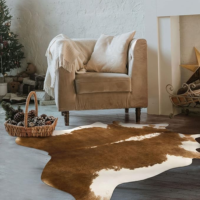 BENRON Small Faux Cowhide Rug, Cow Print Rug for Kitchen Hallyway 2.3x3.6ft | Western cow hide rug for Home Decor, Washable Rugs with Irregular Animal Skins and Hides, Non Slip, Khaki Brown