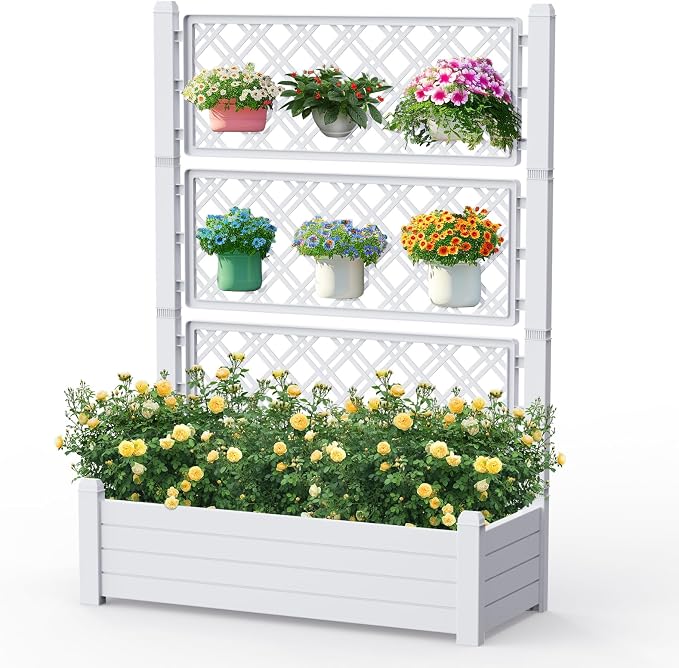 Vixzen 59" Tall Raised Garden Bed,Outdoor Large Resin Planter Box with Trellis and Drain Plug for Climbing Plants,Easy to Assemble,Water Monitor (Ashen, 43.43"×18.27"×59.29")
